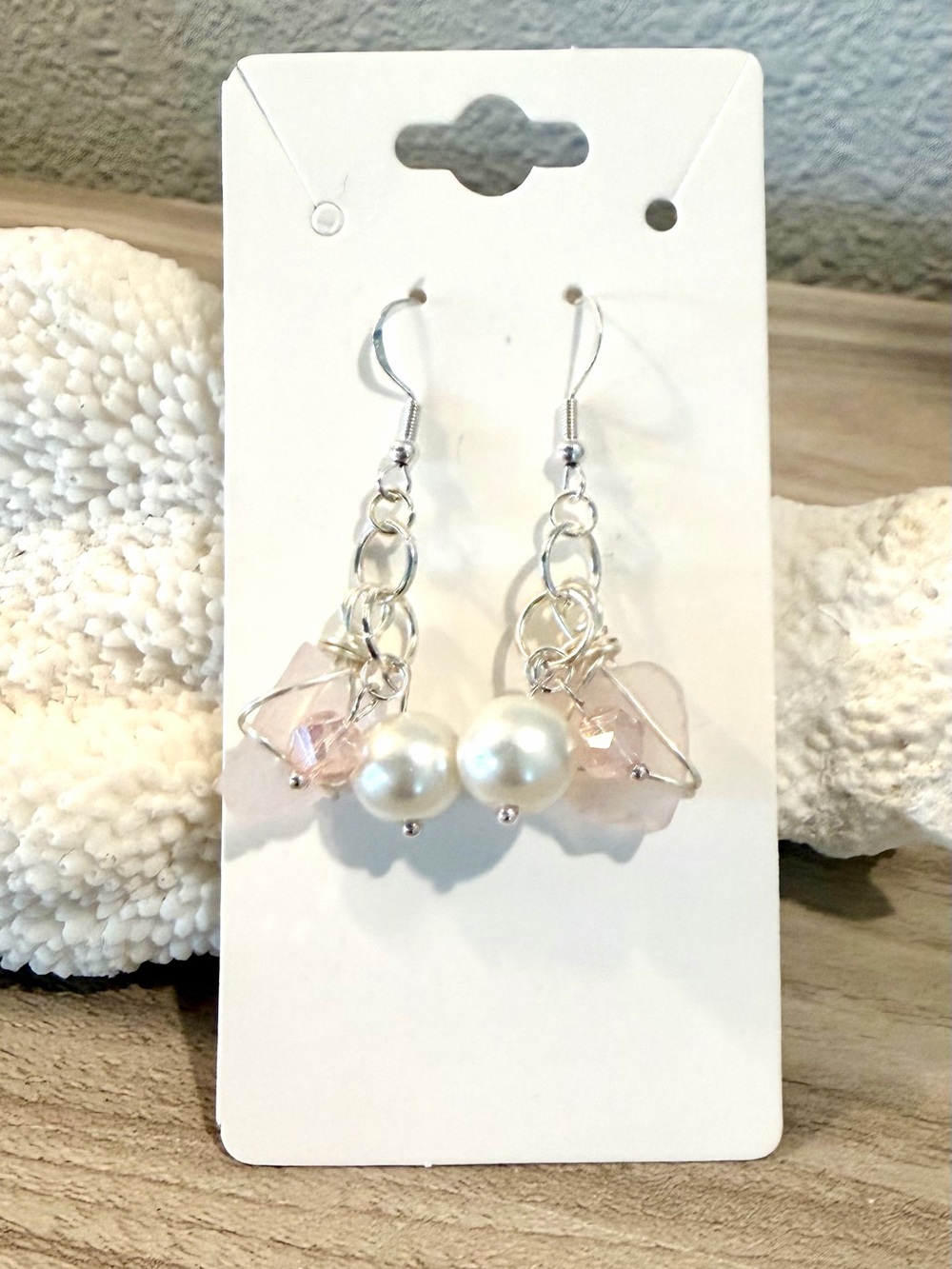 96. Silver Pink sea glass & Pearl Drop Earrings - Women Jewelry